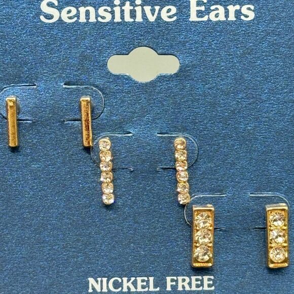 Sensitive Ears Set of 3 Post Earrings Gold Bar with and without crystals - Picture 2 of 3